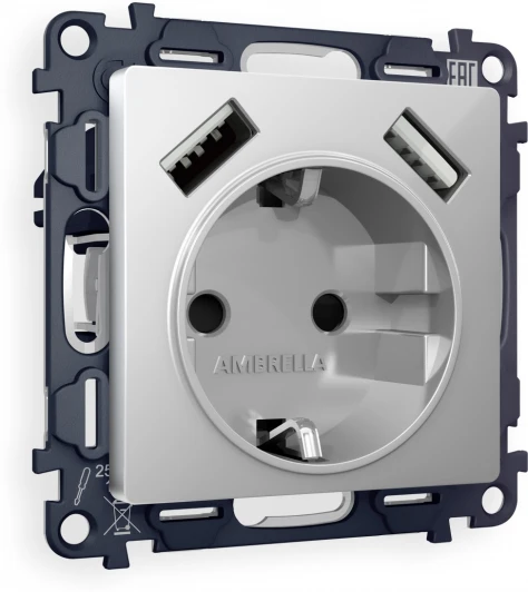 MA409010 Комплект механизма Ambrella Volt электрической розетки ALFA MA409010 Серебро глянец 2USB A+A 18W быстрая зарядка с заземлением и шторками 2P+E 16A-250V QUANT