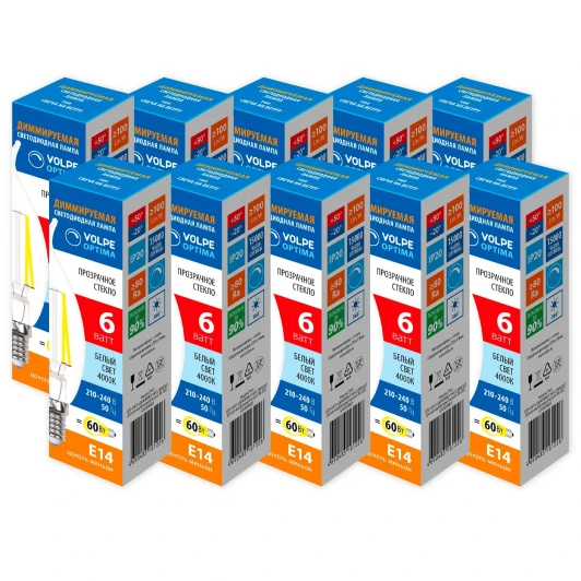 LED-CW35-6W/4000K/E14/CL/DIM/SLF Набор из 10штук Лампа светодиодная диммируемая Volpe Optima DIM Филамент LED-CW35-6W/4000K/E14/CL/DIM/SLF Набор из 10штук свеча на ветру прозрачная белый свет 4000K