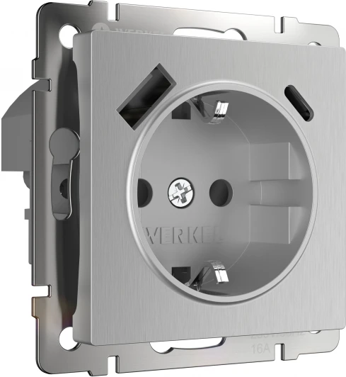 W1171709 Розетка с заземлением, шторками и USB тип A+C (серебряный рифленый ) Werkel W1171709 (a056277)