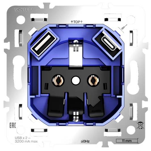 VLS0405M Механизм розетки с заземлением и защитными шторками 16А, с USB A+C Voltum S70 VLS0405M
