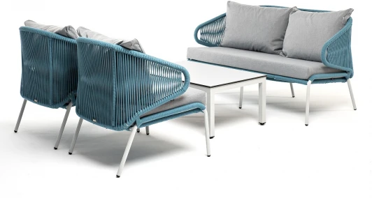 MILS2C2TJ-4-SET blue "Милан" лаунж-зона 4-местная плетеная из роупа (веревки), каркас алюминиевый белый, роуп бежевый 4SIS арт.УТ-00005965