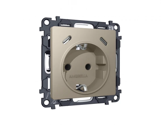 MA370510 Комплект механизма электрической розетки с заземлением с 2хUSB Type-C встраиваемый (серо-бежевый матовый) Ambrella Volt QUANT MA370510