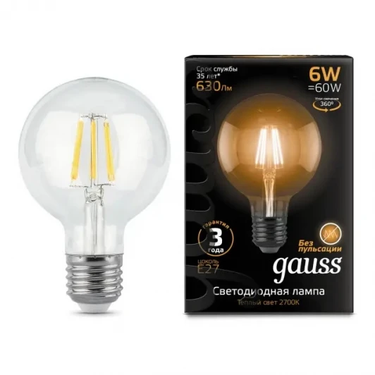 105802106 Лампочка светодиодная E27 6 Вт 630 lm 2700K теплое желтое свечение Gauss Filament 105802106