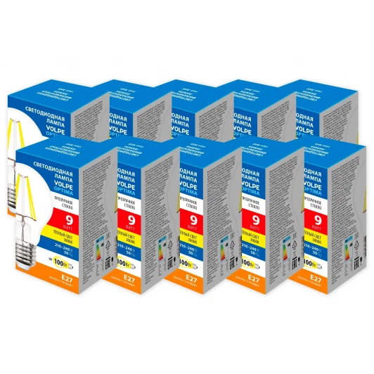 LED-A60-9W/3000K/E27/CL/SLF Набор из 10штук Лампа светодиодная Volpe Optima Филамент LED-A60-9W/3000K/E27/CL/SLF Набор из 10штук прозрачная теплый белый свет 3000K