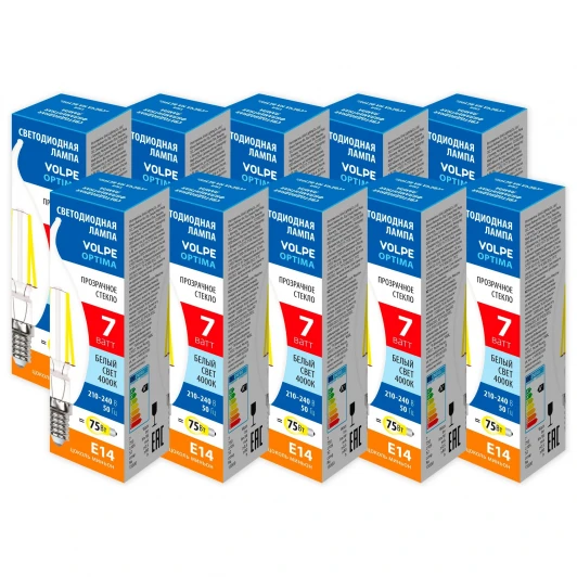 LED-CW35-7W/4000K/E14/CL/SLF Набор из 10штук Лампа светодиодная Volpe Optima Филамент LED-CW35-7W/4000K/E14/CL/SLF Набор из 10штук свеча на ветру прозрачная белый свет 4000К