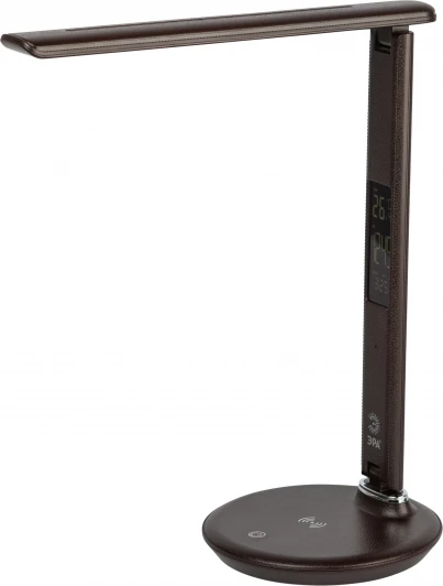 NLED-505-10W-BR Офисная настольная лампа светодиодная складываемая с термометром будильником часами календарем с регулировкой цветовой температуры яркости и беспроводным ЗУ ЭРА NLED-505-10W-BR