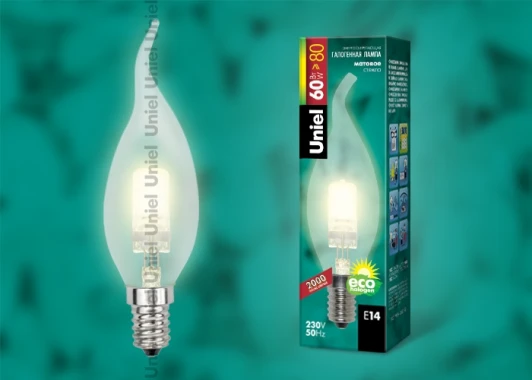 HCL-60/FR/E14 flame Лампочка галогенная свеча на ветру прозрачная E14 60W Uniel HCL-60/FR/E14 flame