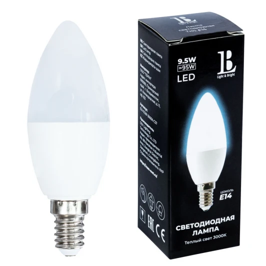 E14-9,5W-3000К-С37_lb Лампочка светодиодная свеча белая E14 9,5W 220V 950 lm 3000K теплый белый свет L&B E14-9,5W-3000К-С37_lb