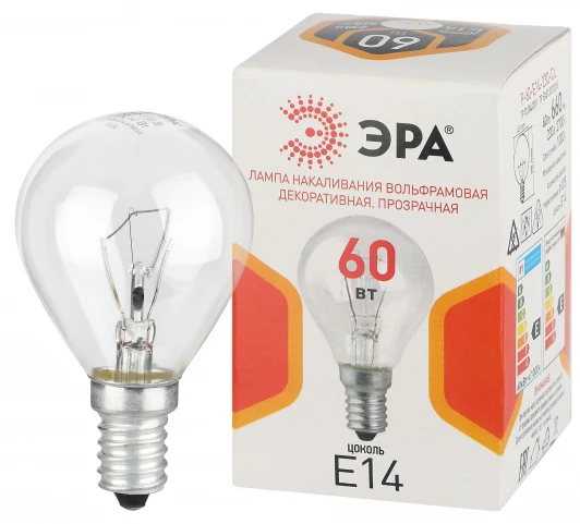 P-60-E14-230-CL Лампочка накаливания E14 60W ЭРА P-60-E14-230-CL