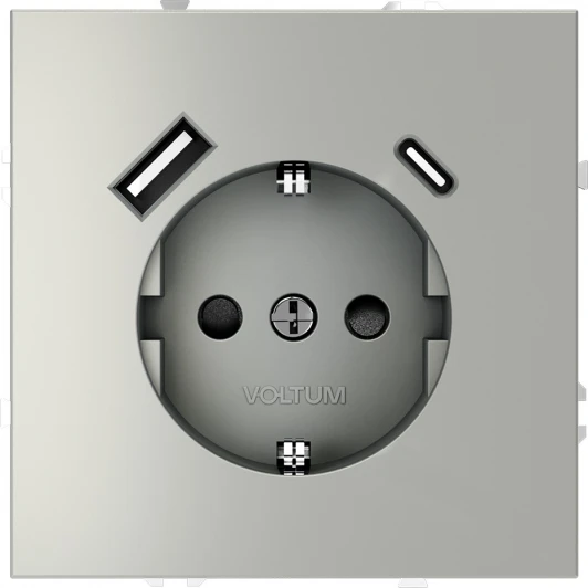 VLS040505 Розетка с заземлением, шторками и USB Type A+С (сталь) Voltum S70 VLS040505