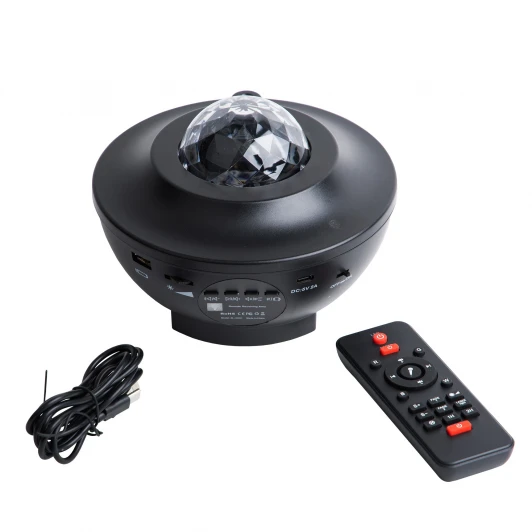 ULI-Q333 6W/RGBW BLACK Светодиодный светильник-проектор с Bluetooth. проекция "Звездное небо", встроенный MP3 проигрыватель, 2 колонки, USB разъем. Пульт ДУ (в/к) Volpe ULI-Q333 6W/RGBW BLACK