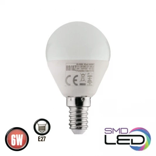 001-005-0006 Лампа светодиодная Horoz, шар, E27, 6W, 220V, нейтральный (4200K)