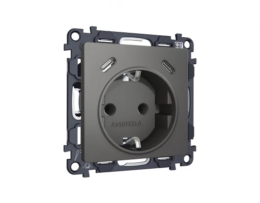 MA660510 Комплект механизма электрической розетки с заземлением с 2хUSB Type-C встраиваемый (антрацит серый) Ambrella Volt QUANT MA660510