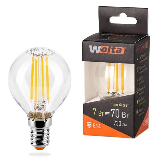 25Y45GLFT7E14 Светодиодная лампа FILAMENT 7Вт 3000K Е14 Wolta 25Y45GLFT7E14