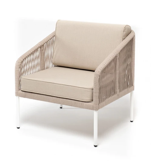 KAN-A-1-002W beige Кресло плетеное из роупа (веревки), каркас алюминий белый, роуп бежевый, ткань бежевая 4SIS Канны KAN-A-1-002W beige