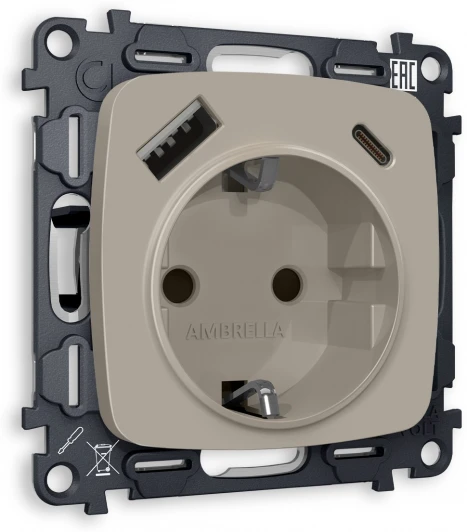 MO370010 Комплект механизма Ambrella Volt электрической розетки OMEGA MO370010 Серо-бежевый матовый 2USB A+C 20W быстрая зарядка с заземлением со шторками 2P+E 16A-250 QUANT