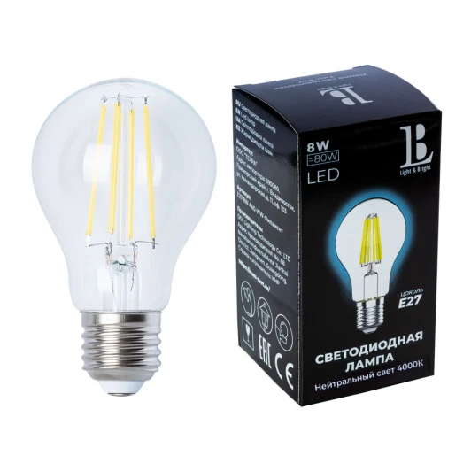 E27-8W-A60-NH-filament_lb Лампочка светодиодная филаментная груша прозрачная E27 8W 220V 800 lm 4000K холодный белый свет L&B E27-8W-A60-NH-filament_lb