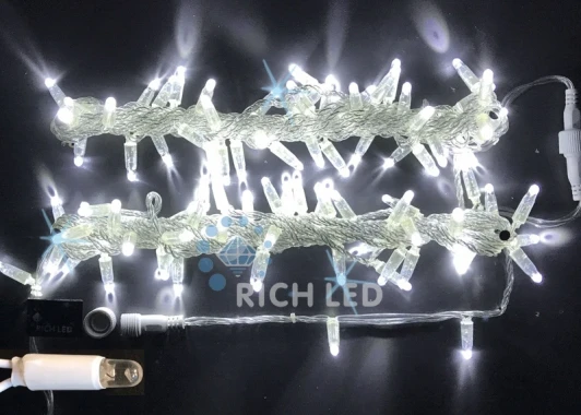 RL-S10CF-220V-CT/W Гирлянда светодиодная белая с мерцанием 220B, 100 LED, провод прозрачный, IP65 RL-S10CF-220V-CT/W Rich LED