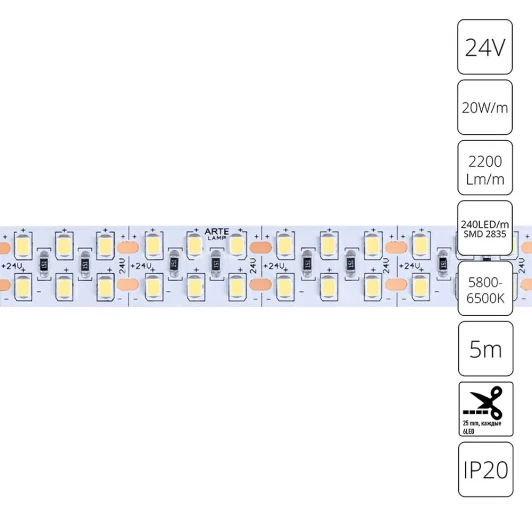 A2424015-03-6K Светодиодная лента 24V 20W/m 6000К 5м Arte Lamp Tape A2424015-03-6K