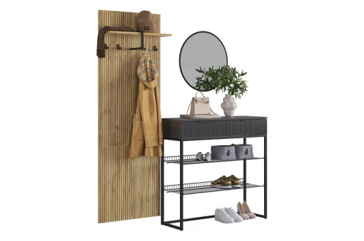 ПК0002Мебельсон.3530 Прихожая "Мебельсон К2" (1552х335х1750) Mebelson (ЛДСП,Пластик,Металл,Зеркало,МДФ/Дуб крафт золотой,Графит,Черный) арт.ПК0002Мебельсон.3530