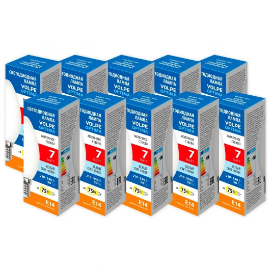 LED-C35-7W/4000K/E14/FR/SLF Набор из 10штук Лампа светодиодная Volpe Optima Филамент LED-C35-7W/4000K/E14/FR/SLF Набор из 10штук свеча матовая белый свет 4000K