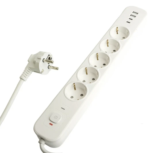 50103 Сетевой фильтр 5-и местный с заземлением 2хUSB Type-A + 2хUSB Type-С 3 метра (белый) Stekker Nova 50103