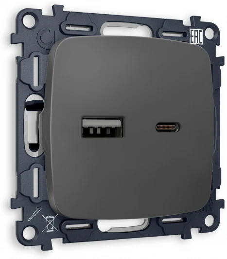 MO911010 Комплект механизма Ambrella Volt розетки OMEGA MO911010 Графит мягкое касание 2USB A+C 20W быстрая зарядка QUANT