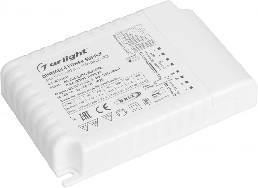 025124(1) Блок питания ARJ-SP-50-PFC-1-10V-DALI2-PD (50W, 700-1400mA) (Arlight, IP20 Пластик, 5 лет) 025124(1)