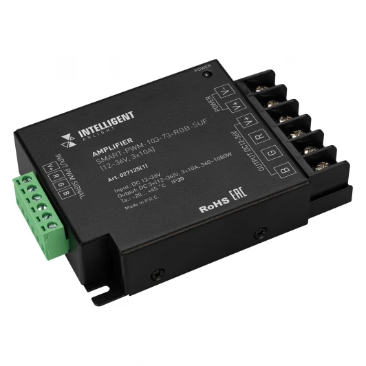 027125(1) INTELLIGENT ARLIGHT Усилитель SMART-PWM-103-73-RGB-SUF Black (12-36V, 3x10A) (IARL, IP20 Металл, 5 лет) 027125(1)