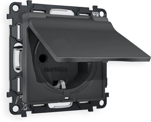 MA908010 Комплект механизма Ambrella Volt электрической розетки ALFA MA908010 Графит мягкое касание с заземлением с шторками и защитной крышкой 2P+E 16A-250V IP44 QUANT