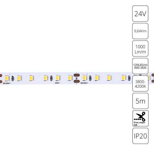 A2412008-02-4K Светодиодная лента 24V 9,6W/m 4000К 5м Arte Lamp Tape A2412008-02-4K
