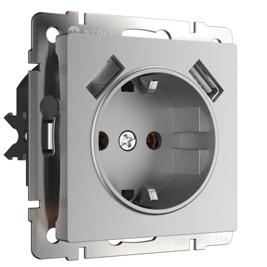 W1171506 Розетка с заземлением, шторками и USBх2 (серебряный) W1171506 (a051497)