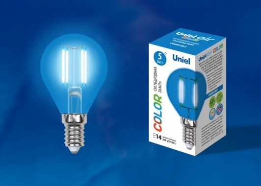 LED-G45-5W/BLUE/E14 GLA02BL картон Лампочка светодиодная груша синяя E14 5W Uniel LED-G45-5W/BLUE/E14 GLA02BL