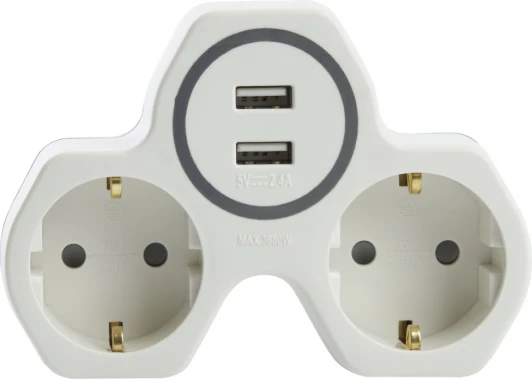 32872 Разветвитель на 2 гнезда с заземлением и 2xUSB (белый,серый) Stekker 32872