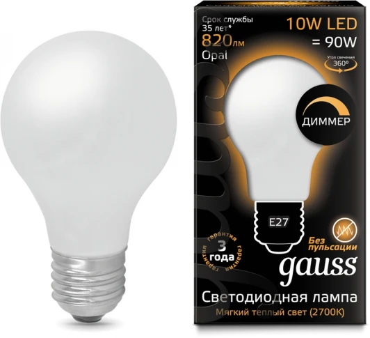 102202110-D Лампочка светодиодная E27 10 Вт 820 lm 2700K теплое желтое свечение Gauss Filament 102202110-D