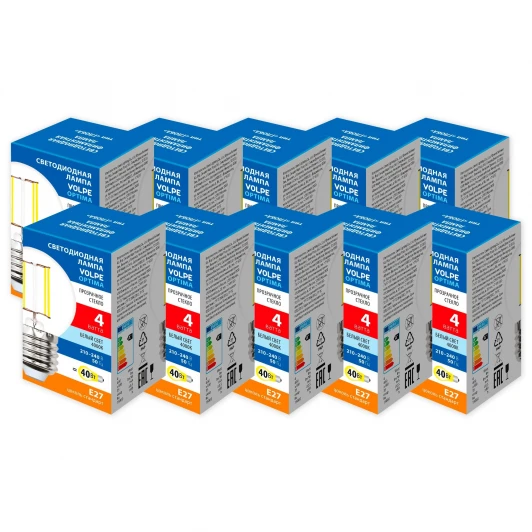 LED-G45-4W/4000K/E27/CL/SLF Набор из 10штук Лампа светодиодная Volpe Optima Филамент LED-G45-4W/4000K/E27/CL/SLF Набор из 10штук шар прозрачная белый свет 4000K