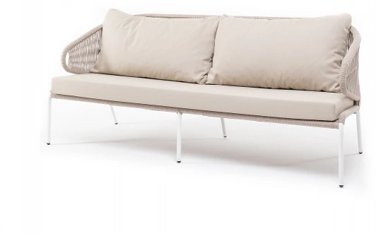 MIL-S-3-001 W Mua beige(beige052) "Милан" диван 3-местный плетеный из роупа, каркас алюминий белый муар, роуп бежевый круглый, ткань бежевая 052 4SIS арт.УТ-00004929