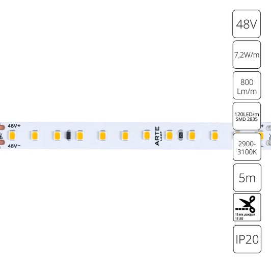 A4812010-01-3K Светодиодная лента 48V 7,2W/m 3000К 5м Arte Lamp Tape A4812010-01-3K