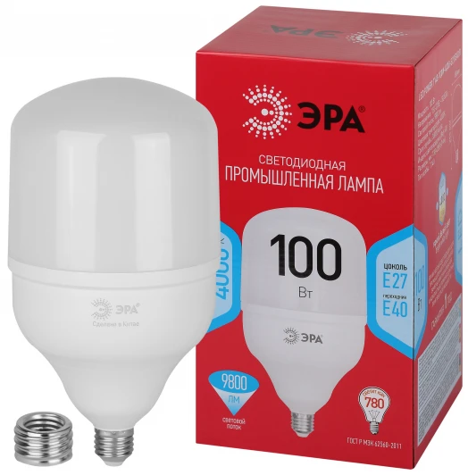 LED POWER T140-100W-4000-E27/E40 R Лампочка светодиодная E27 с переходником на E40 100W ЭРА LED POWER T140-100W-4000-E27 с переходником на E40/E40 R