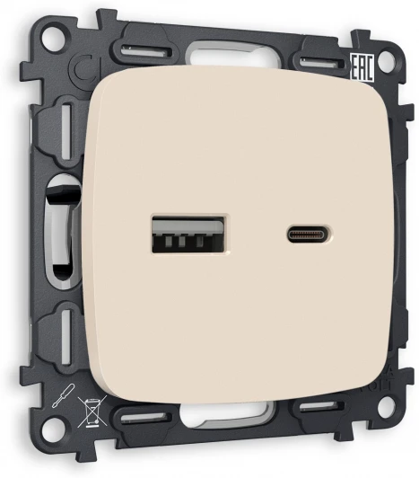 MO331010 Комплект механизма Ambrella Volt розетки OMEGA MO331010 Бежевый матовый 2USB A+C 20W быстрая зарядка QUANT