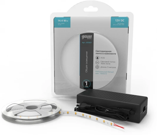 BT087 Светодиодная лента Gauss Basic BT087 LED 2835/240 12V 14,4W/m 1600lm/m 4000K 10mm IP20 5m