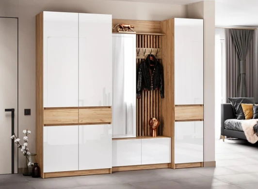 581937 Модульная прихожая Молд комплектация 1 (Молд комплектация 1 дуб крафт золотой / глянец белый) Woodville арт.581937