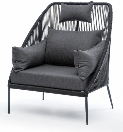 MAD-A-001 RAL7024 Mua D-grey(D-gray027) "Мадрид" кресло плетеное из роупа, каркас алюминий темно-серый (RAL7024) муар, роуп темно-серый круглый, ткань темно-серая 027 4SIS арт.УТ-00008254