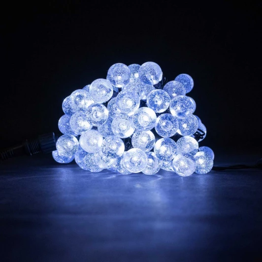 PCS-100B-W Гирлянда «Шарики» 10м Белая 9В, Диаметр Шарика 23мм, 100 LED, Провод Черный ПВХ, IP54