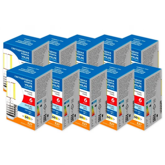LED-G45-6W/4000K/E27/CL/SLF Набор из 10штук Лампа светодиодная Volpe Optima Филамент LED-G45-6W/4000K/E27/CL/SLF Набор из 10штук шар прозрачная белый свет 4000K