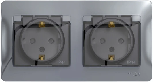 GSL000347 Розетка встраиваемая двойная с заземлением, шторками и крышкой (алюминий) IP44 Systeme Electric Glossa GSL000347