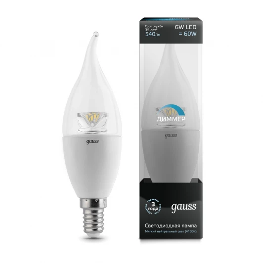 104201206-D Лампочка светодиодная диммируемая E14 6W Gauss Candle Tailed Crystal Clear 104201206-D