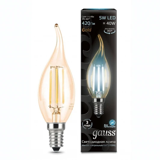 104801805 Лампочка светодиодная E14 5 Вт 420 lm 4100K нейтральное белое свечение Gauss Filament 104801805