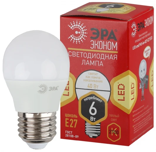 ECO LED P45-6W-827-E27 Лампочка светодиодная E27 6W ЭРА ECO LED P45-6W-827-E27
