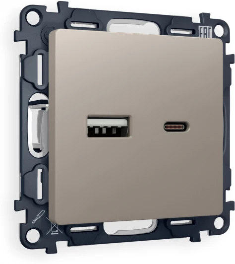 MA371010 Комплект механизма Ambrella Volt розетки ALFA MA371010 Серо-бежевый матовый 2USB A+C 20W быстрая зарядка QUANT